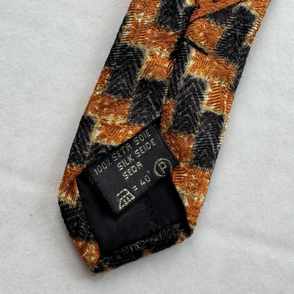 Ermenegildo Zegna Tie Men's Orange Black Houndstooth 100% Silk Made Italy